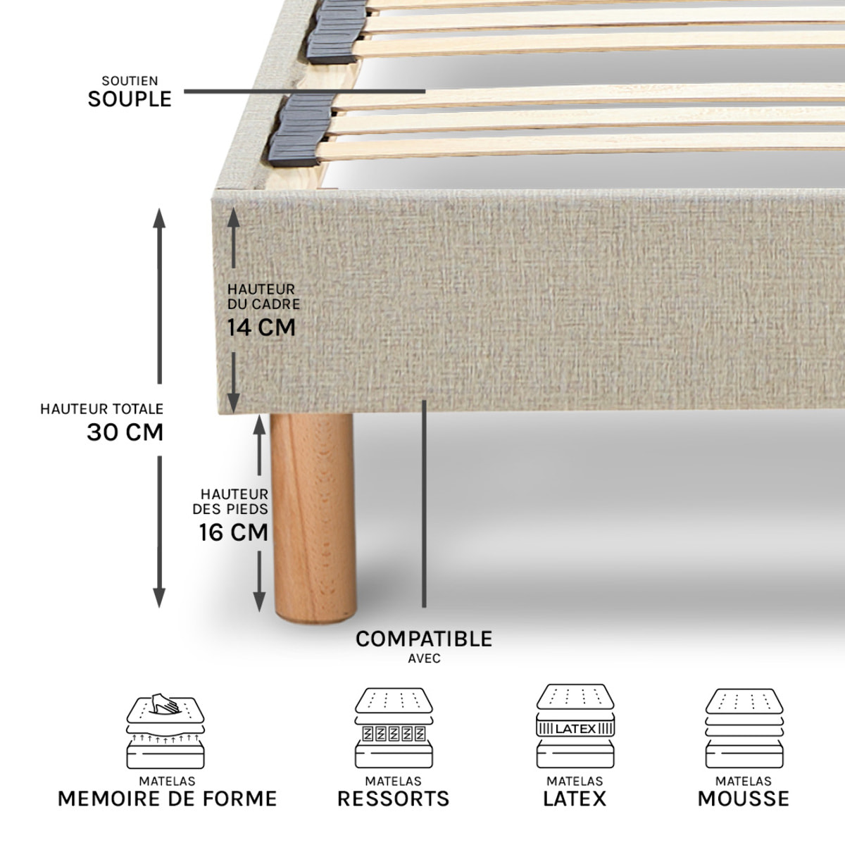 Sommier en kit Lino Technologie Tri-Lattes, Bois Épicéa, H30 cm, Montage Facile, Aération Optimale