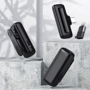 DAM Micrófono inalámbrico portátil J13 Clip. Incluye 2 micros y 1 receptor. Para smartphone, cámaras y portátiles. Conexión USB-C + Lightning. 6x2,2x5,5 Cm. Color: Negro