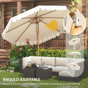 Sombrilla Terraza Exterior, Ø264x240 cm, Sombrilla de Jardín con Ángulo Ajustable, Manivela y Volantes, Impermeable, Parasol para Playa, Patio, Balcón, Crema