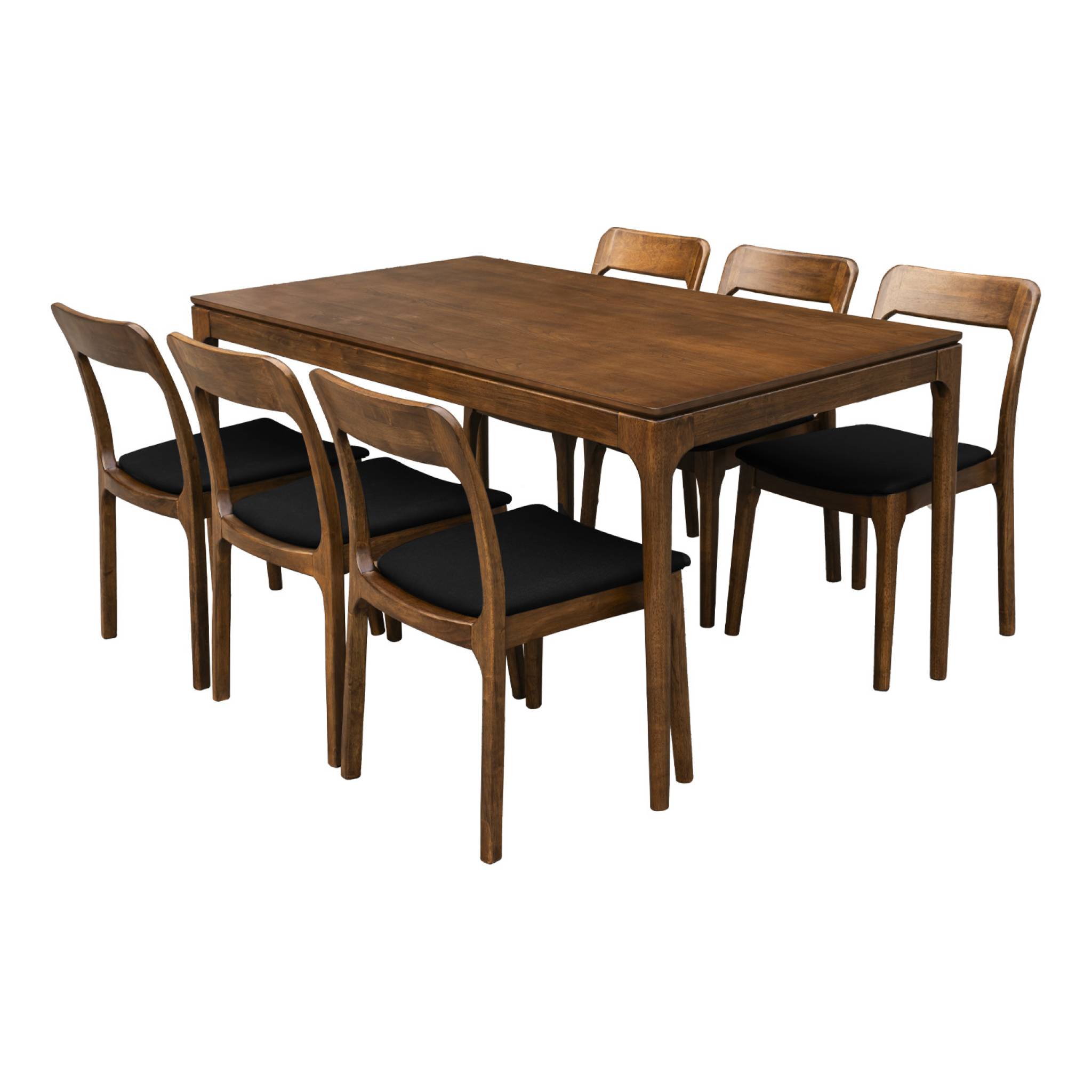 Table à manger ELENA rectangulaire en bois d'hévéa et placage frêne 160 cm. 6 chaises tissu noir. L 160 x P 90 x H 76cm