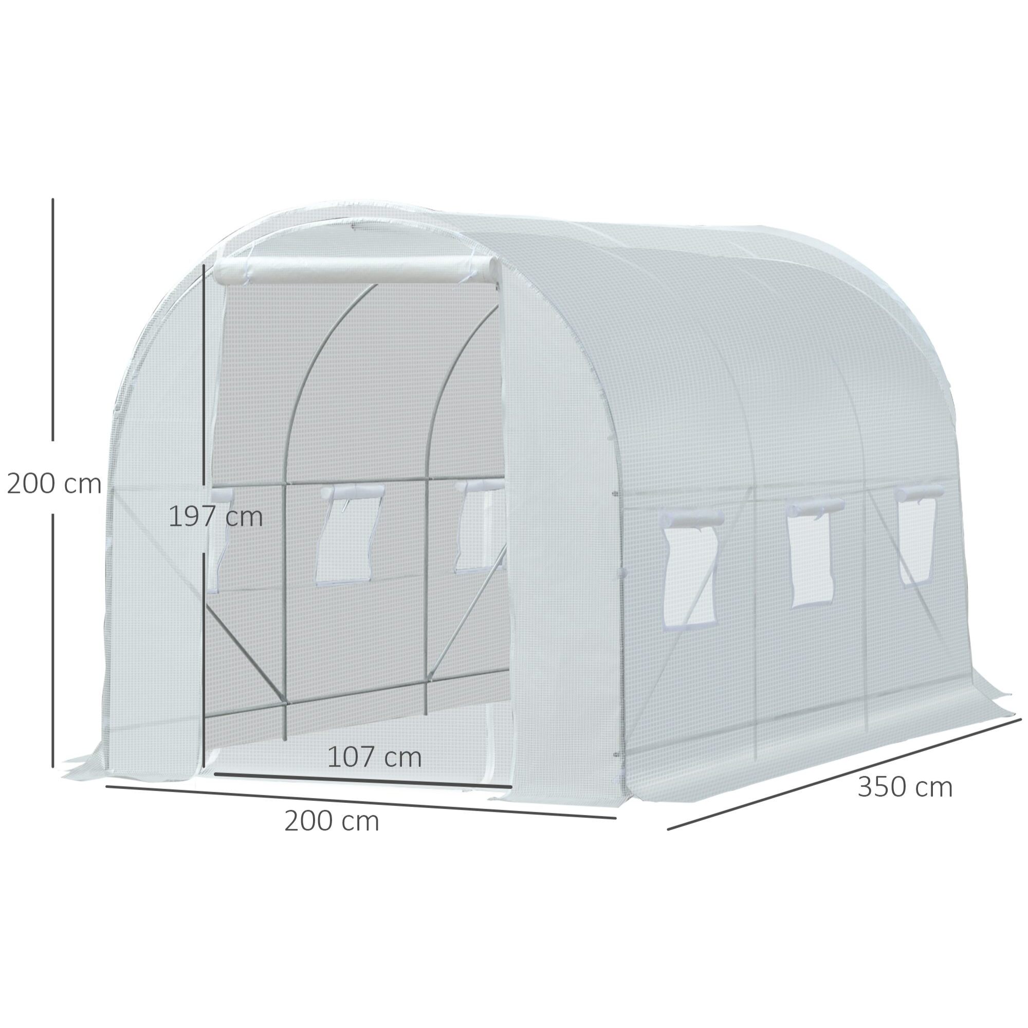 Serre de jardin tunnel surface sol 7 m² 3,5L x 2l x 2H m châssis tubulaire renforcé 18 mm 6 fenêtres blanc