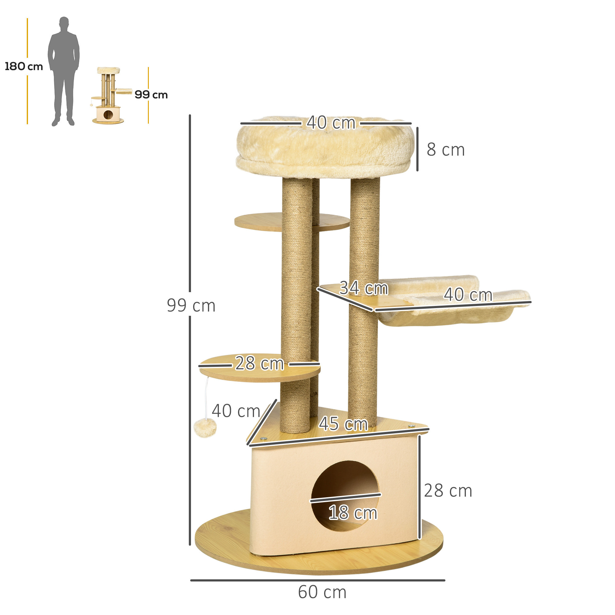 Rascador para Gatos Ø60x99 cm con Cueva Triangular de Fieltro Extraíble y Hamaca