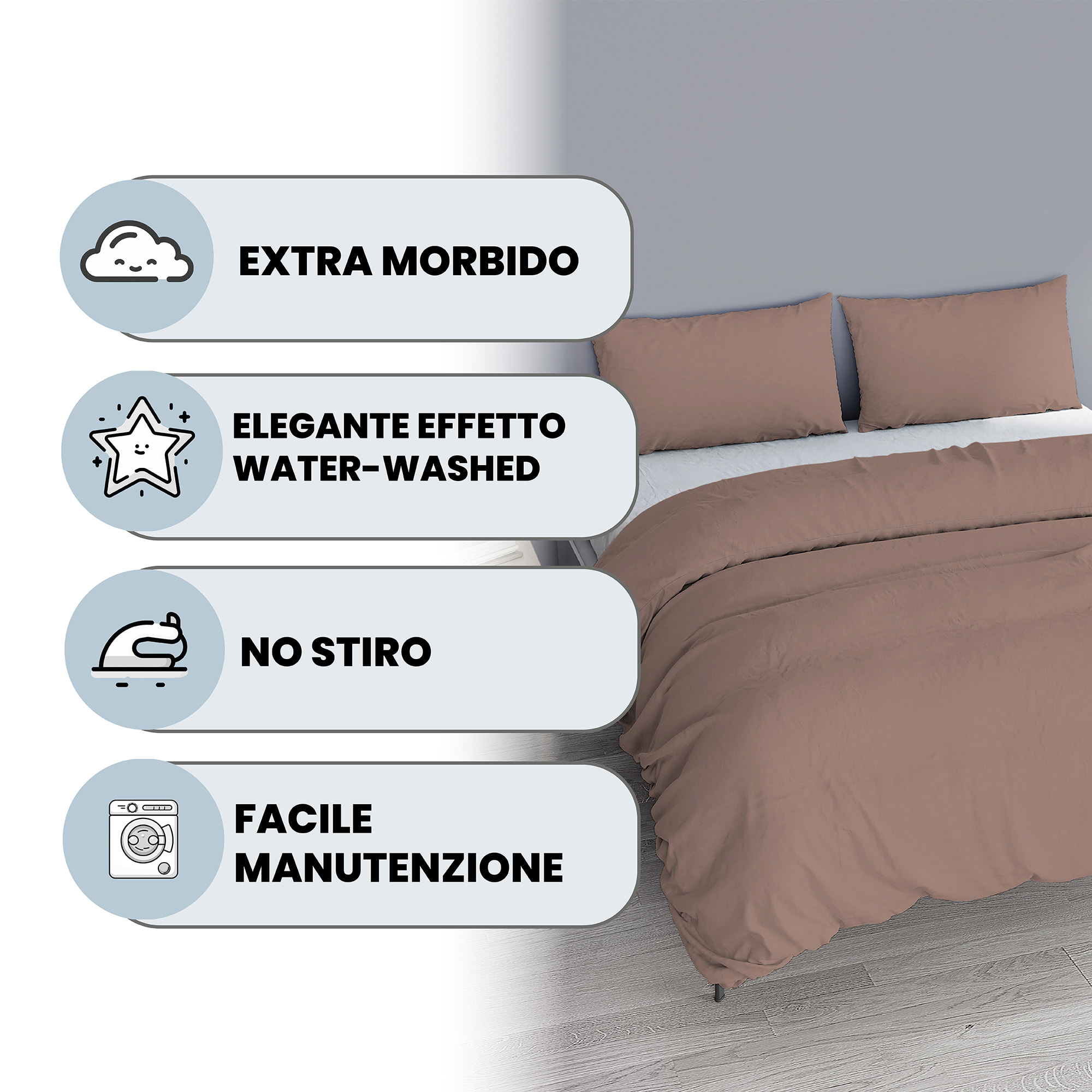 PARURE COPRIPIUMINO WATER WASHED, 100% Microfibra, No Stiro - ROSA ANTICO