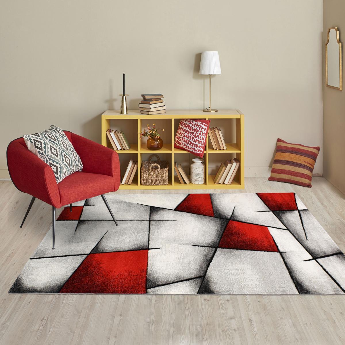 tapis salle à manger 240x340 tissé rouge rectangle motif géométrique PAR 3D