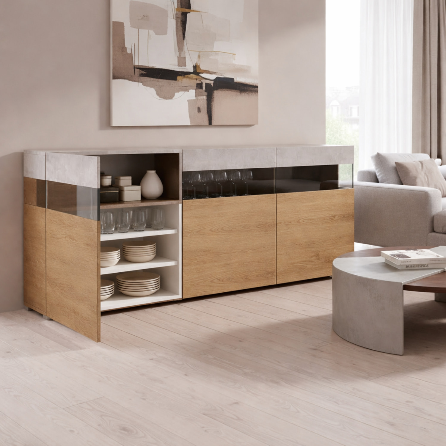 Madia Soggiorno 3 Ante Push-Pull 3 Vani A Giorno Vetro Mobile Credenza Moderna Per Zona Living Design Contemporaneo 180x 41.2x 80 Cm Noce E Cashmere