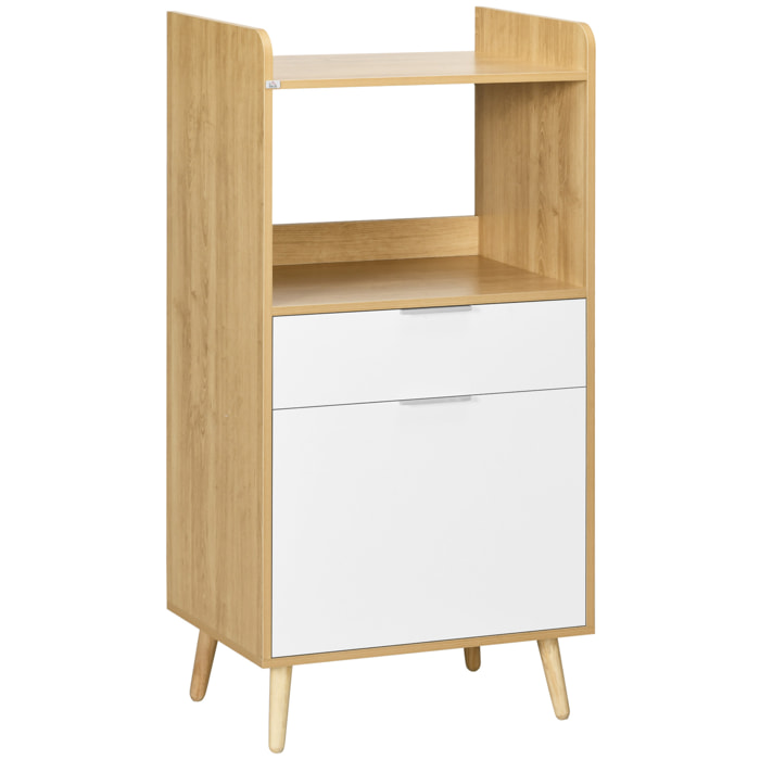 Mueble Microondas, Mueble Auxiliar de Cocina, Estilo Escandinavo con Armario, Cajón y Estante Ajustable, 58x40x118 cm, Natural y Blanco