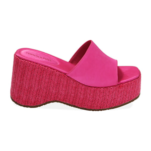 Zapatillas de raso fucsia, cuña de 9 cm
