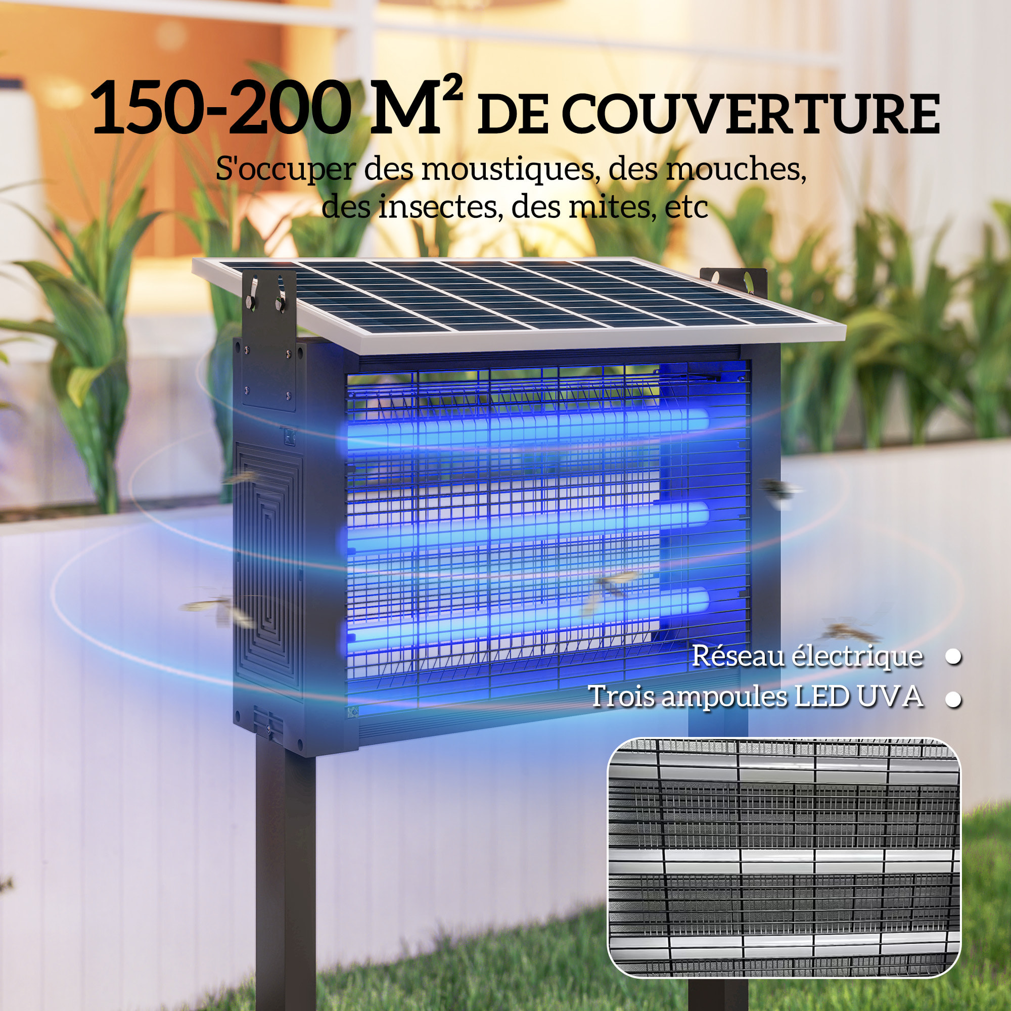 Lampe anti-moustique 25W LED solaire autoportante H. 93 cm - lampe anti-insectes - lampe UV piège à insectes - noir
