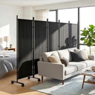 Biombo Plegable de 5 Paneles con 12 Ruedas, 252x170 cm, Biombo Separador de Ambientes con Clips de Conexión para Montaje Personalizado, para Salón u Oficina, Negro
