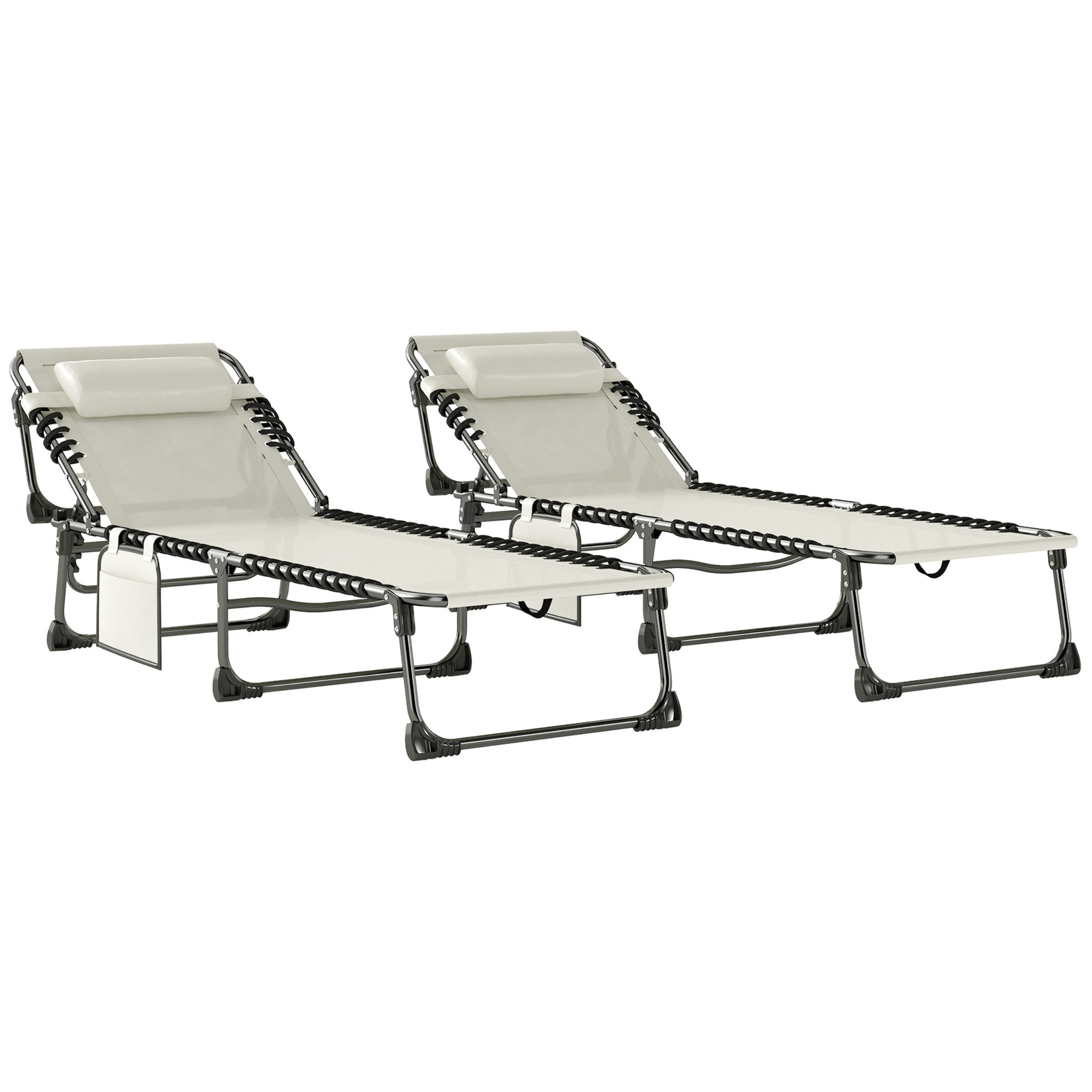 Set de 2 Tumbonas Jardín Exterior, Tumbonas Plegables con Reposacabezas y Bolsillo Lateral, Respaldo Reclinable 5 Posiciones y Asiento de Malla Transpirable para Playa, Piscina, Blanco Crema