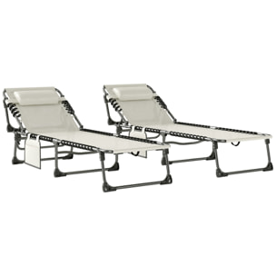 Set de 2 Tumbonas Jardín Exterior, Tumbonas Plegables con Reposacabezas y Bolsillo Lateral, Respaldo Reclinable 5 Posiciones y Asiento de Malla Transpirable para Playa, Piscina, Blanco Crema
