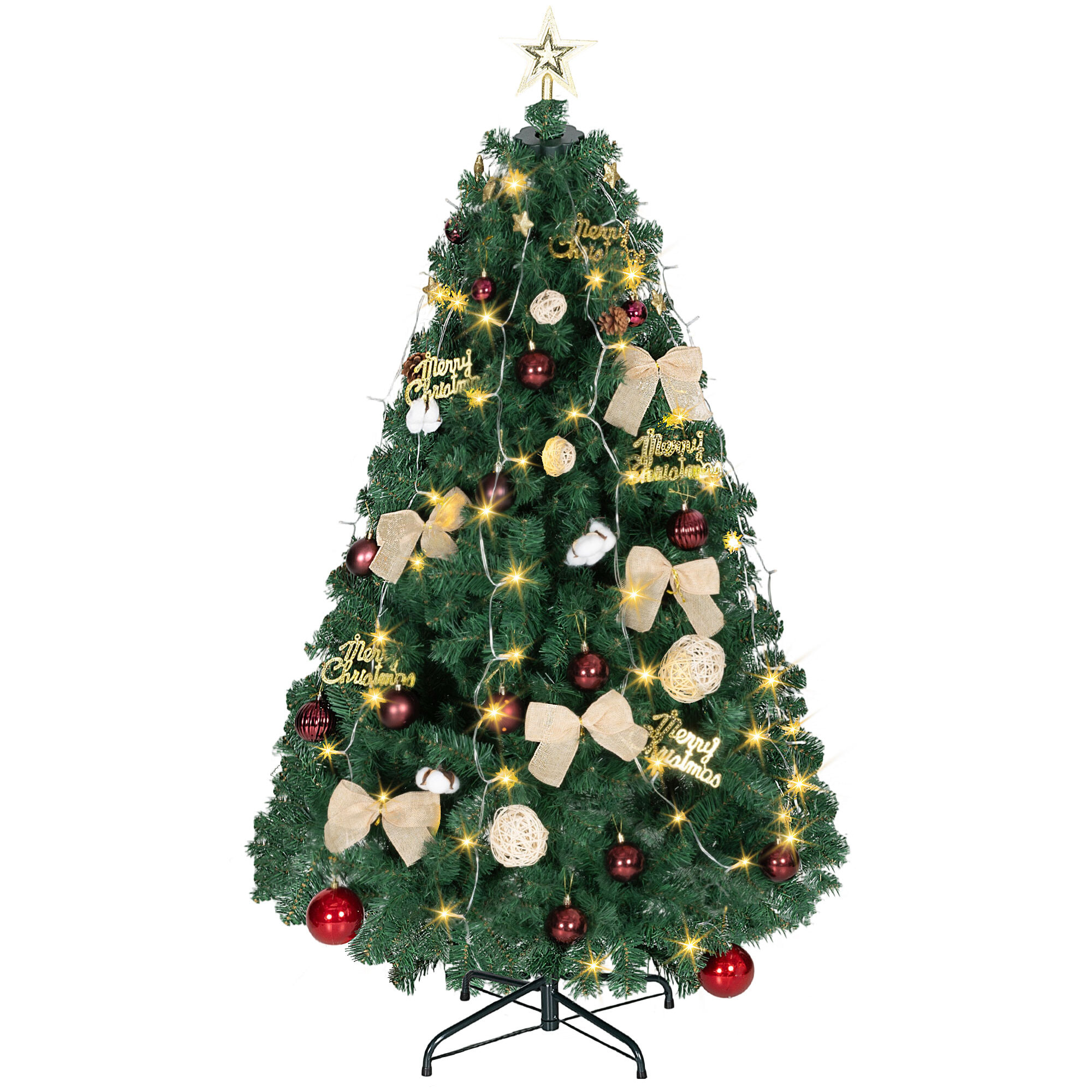 Árbol de Navidad 150 cm con Adornos, 150 Luces LED Blanco Cálido, Árbol de Navidad Decorado con 8 Modos de Iluminación, 480 Ramas, Soporte de Acero, Decoración para Hogar, Fiesta, Interior