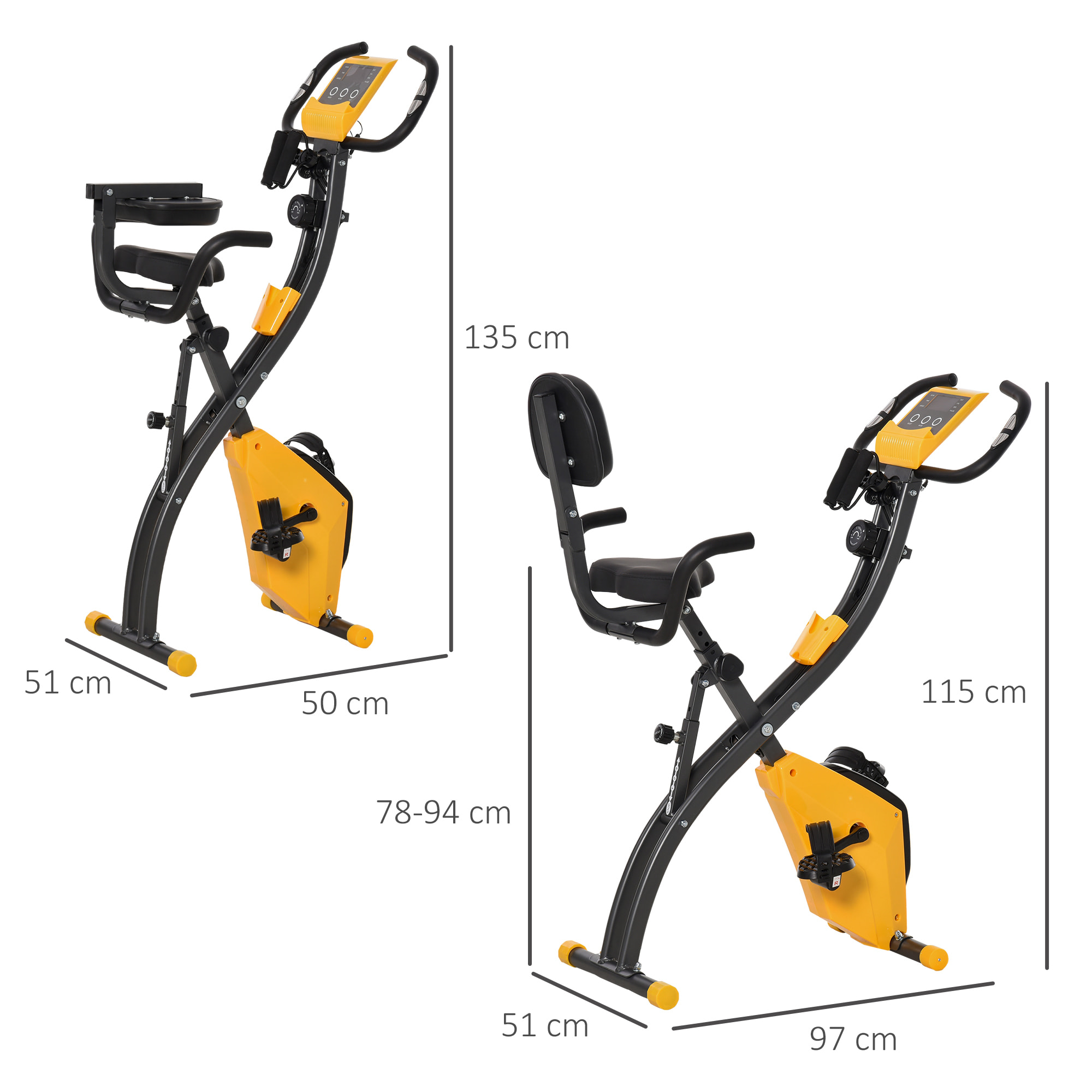 Vélo d'appartement pliant 8 niveaux de résistance magnétique dossier selle réglable poignées ergonomiques écran LCD multifonction suspensions support tablette acier jaune gris