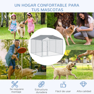 Perrera de Exterior con Toldo Jaula para Perros con 1 Puerta Anti-UV Impermeable y Marco de Acero para Jardín Patio 300x300x234 cm Plata