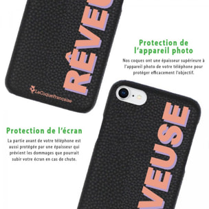 Coque iPhone 7/8/ iPhone SE 2020 effet cuir grainé noir Rêveuse corail et parme Design La Coque Francaise