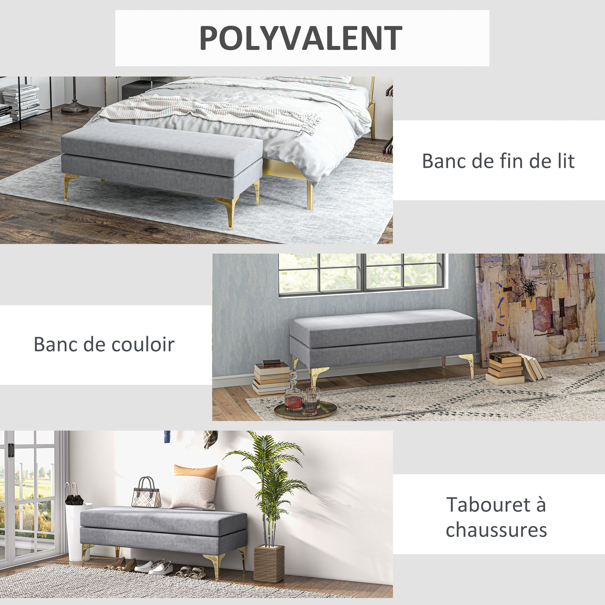 Banc bout de lit banquette style moderne dim. 121L x 50,5l x 46,5H cm piètement métal doré tissu gris clair