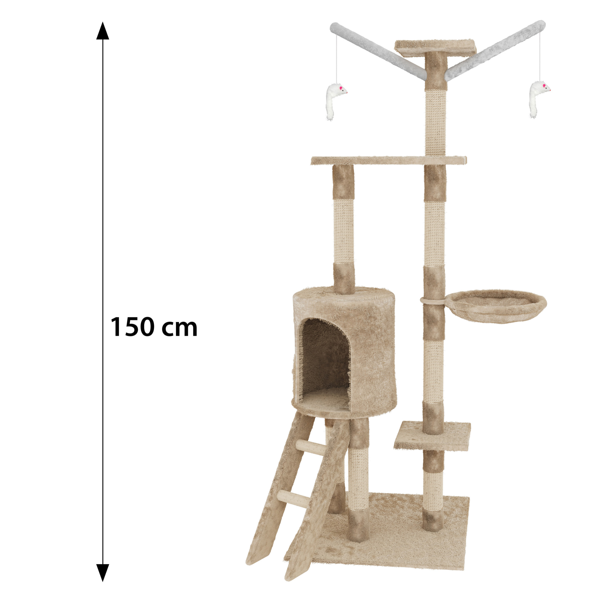 Albero per Gatto con Graffiatoio Cuccia Giocattolo Gatti Parco Giochi Tiragraffi in Sisal Naturale 150 x 50 x 35 cm (Colore Beige Matis 30060)