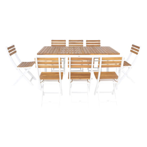 Table de jardin acacia avec coins arrondis + 8 assises blanc. 160 x 90 x 75 cm