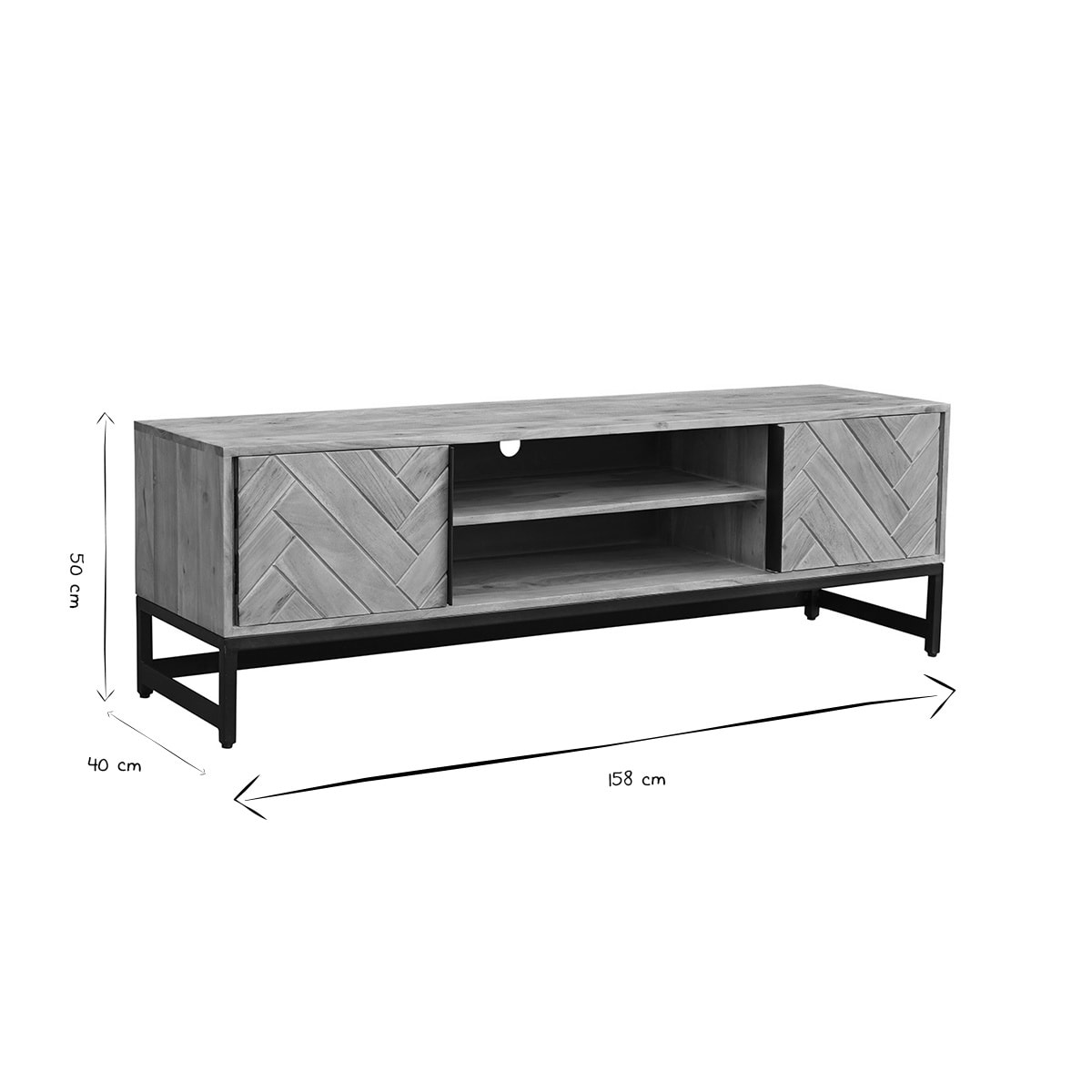 Meuble TV à motifs chevrons en bois massif et métal noir L158 cm STICK