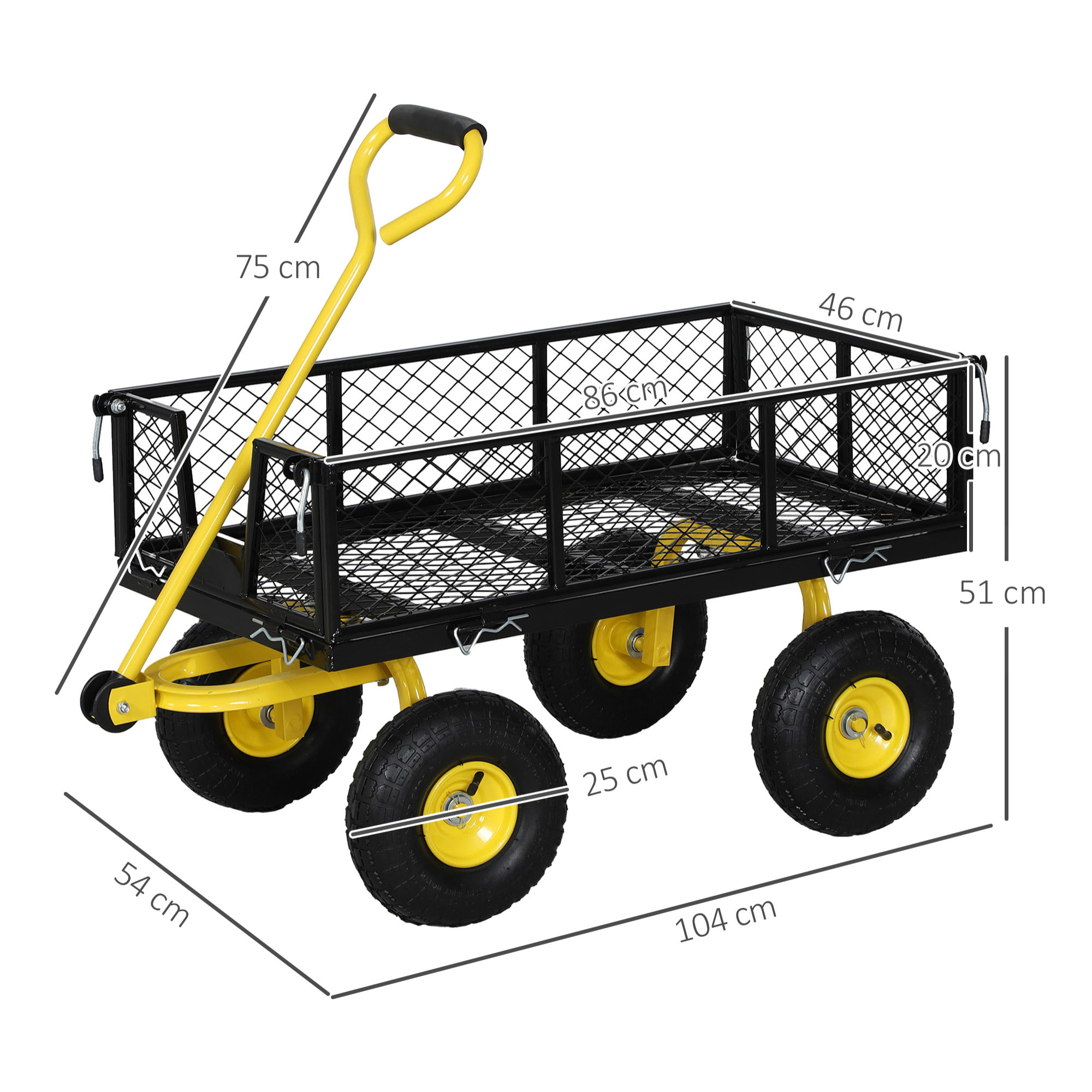 Carro de Jardín Basculante Carga 200 kg Carro para Playa con Paneles Laterales Desmontables Mango Giratorio de 180° y 4 Ruedas Neumáticas Grandes de Goma Negro y Amarillo