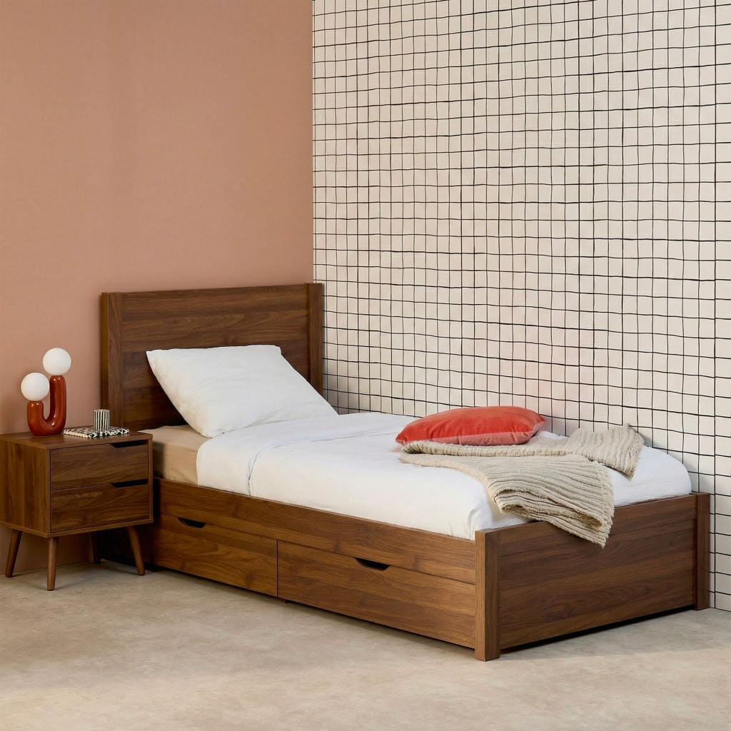 Lit avec sommier à lattes et tête de lit 90 x 190cm + 4 tiroirs décor bois NEPAL