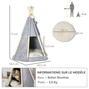 Tente tipi pour animaux - teepee chien chat - coussin épais grand confort inclus - structure bois de pin feutre polyester gris