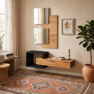 Set Ingresso Moderno Con Specchi Pensile A Giorno Mensola Con Cassetto Salvaspazio Mobile Da Parete 100 x 160 x 30 Cm Nero E Rovere