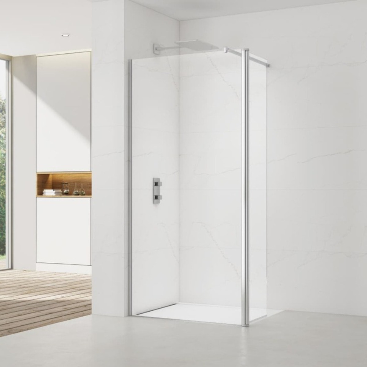 Walk-in 100x200cm Paroi et retour pivotant en verre Crystal Glass® 8 mm anticalcaire , avec bras et profilés chrome brillant