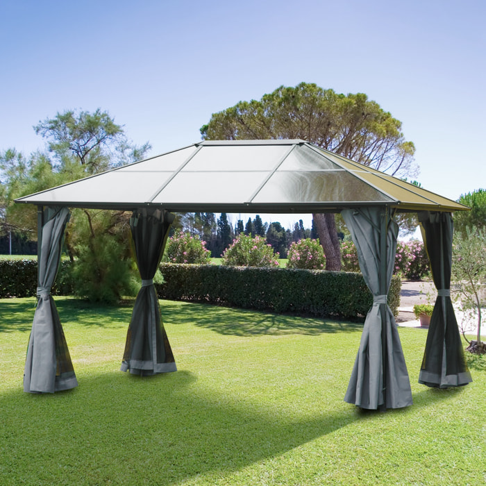 Pavillon de jardin tonnelle rigide dim. 4L x 3l x 2,65H m 4 parois latérales anti-UV gris 4 moustiquaires zippées alu. métal polycarbonate noir brun
