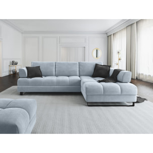 Canapé d'angle droit convertible avec coffre de rangement "Clinton" 5 places en velours bleu clair