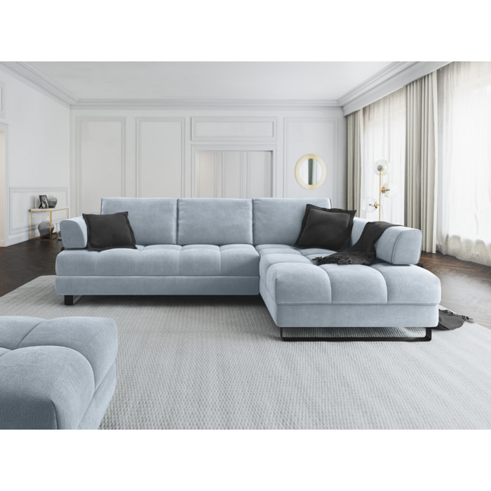 Canapé d'angle droit convertible avec coffre de rangement "Clinton" 5 places en velours bleu clair