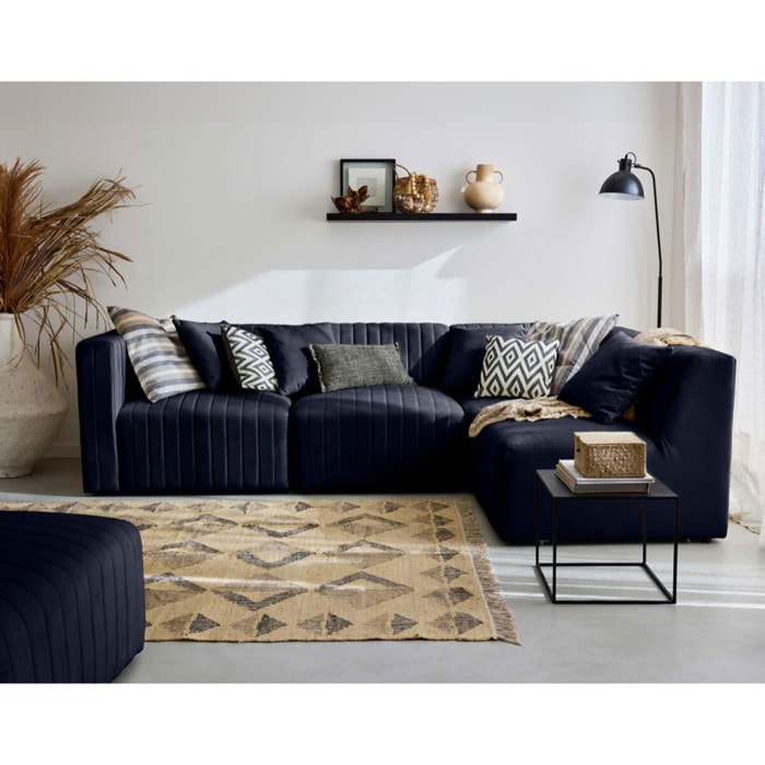 Nova - canapé modulable d'angle droit - 5 places - avec pouf d'appoint - en velours - Bleu marine