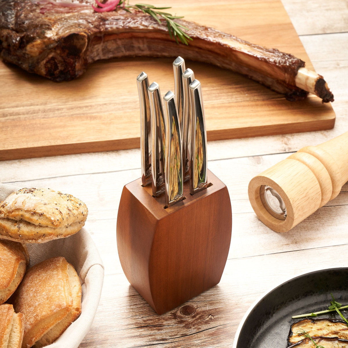 Jet Miroir - Blocco in legno di acacia con 6 coltelli da bistecca