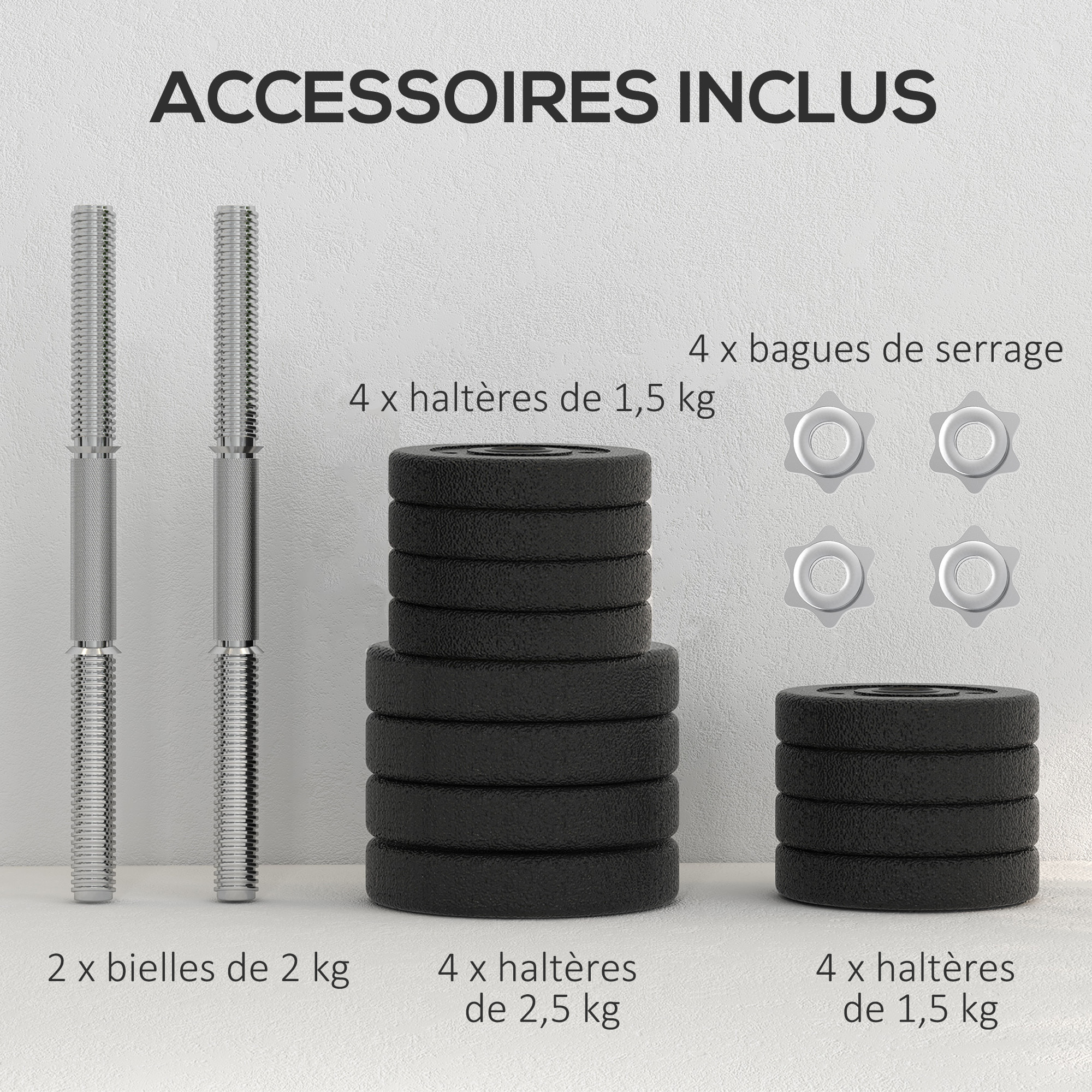 Ensemble d'haltères courtes total 25 Kg - barres incluses - entraînement musculaire & haltérophilie - acier PU noir