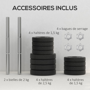 Ensemble d'haltères courtes total 25 Kg - barres incluses - entraînement musculaire & haltérophilie - acier PU noir