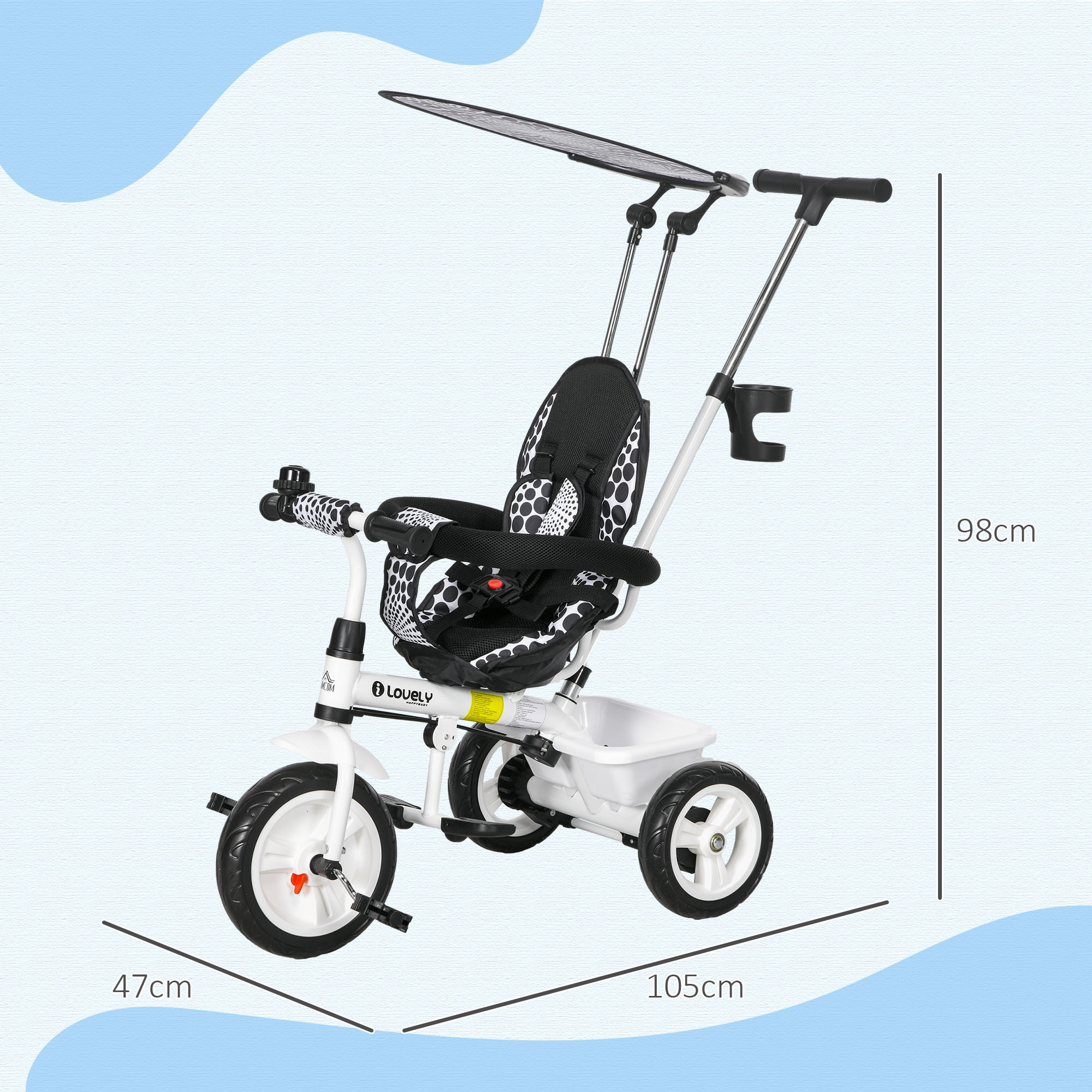 Tricycle enfant pare-soleil pliable canne amovible benne rangement acier blanc noir