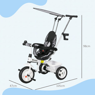 Tricycle enfant pare-soleil pliable canne amovible benne rangement acier blanc noir