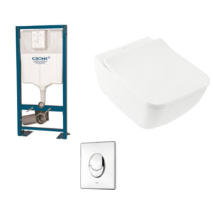 Pack WC suspendu sans bride Venticello + abattant + plaque chromée + bâti Grohe