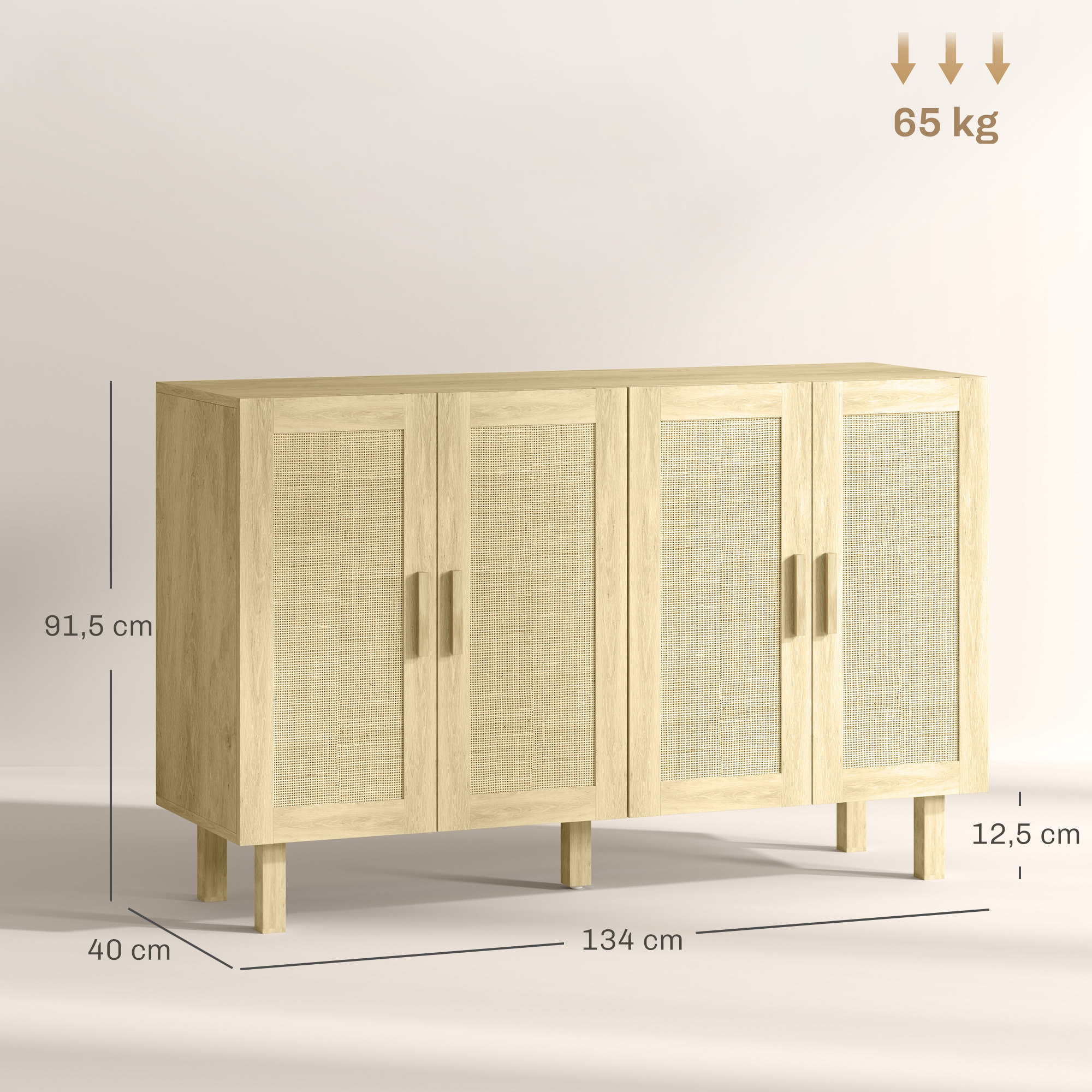 Aparador 4 Puertas de Rejilla de Ratán Aparador para Salón Nórdico con Estantes Ajustables para Comedor Entrada Dormitorio Natural 120x39,5x76 cm