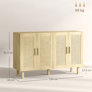 Aparador 4 Puertas de Rejilla de Ratán Aparador para Salón Nórdico con Estantes Ajustables para Comedor Entrada Dormitorio Natural 120x39,5x76 cm