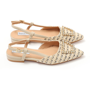 Ballerine slingback in tweed e simil pelle con applicazione gioiello