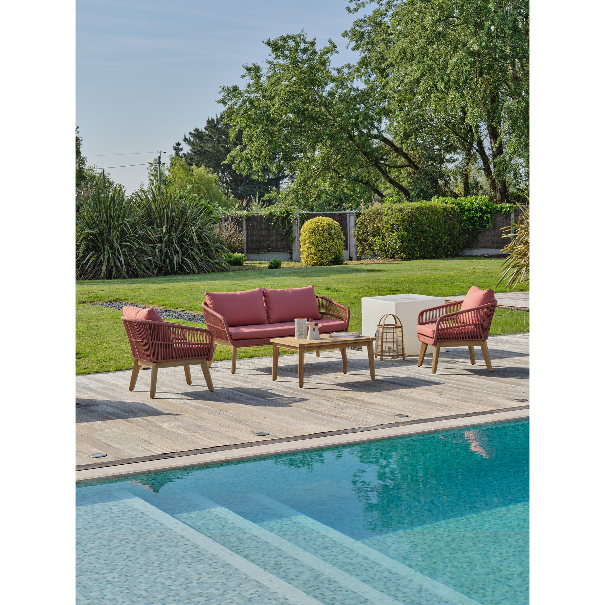 BAHIA - Salon bas de jardin 4 pl en bois d'acacia et corde tissée, terracotta