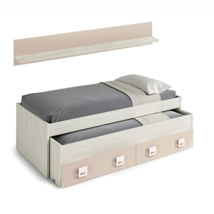 Letto singolo Fairfield, Struttura letto per cameretta, Letto singolo con lettino estraibile e 2 cassetti e mensola, cm 199x96h65, Bianco e Rosa