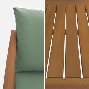 Salon de jardin en bois 4 places - Ushuaïa - Coussins vert de gris. canapé. fauteuils et table basse en acacia. design