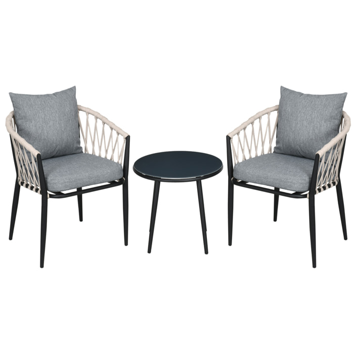 Salon de jardin 2 personnes 3 pièces 2 fauteuils avec coussins table basse ronde plateau verre trempé corde tressée métal gris