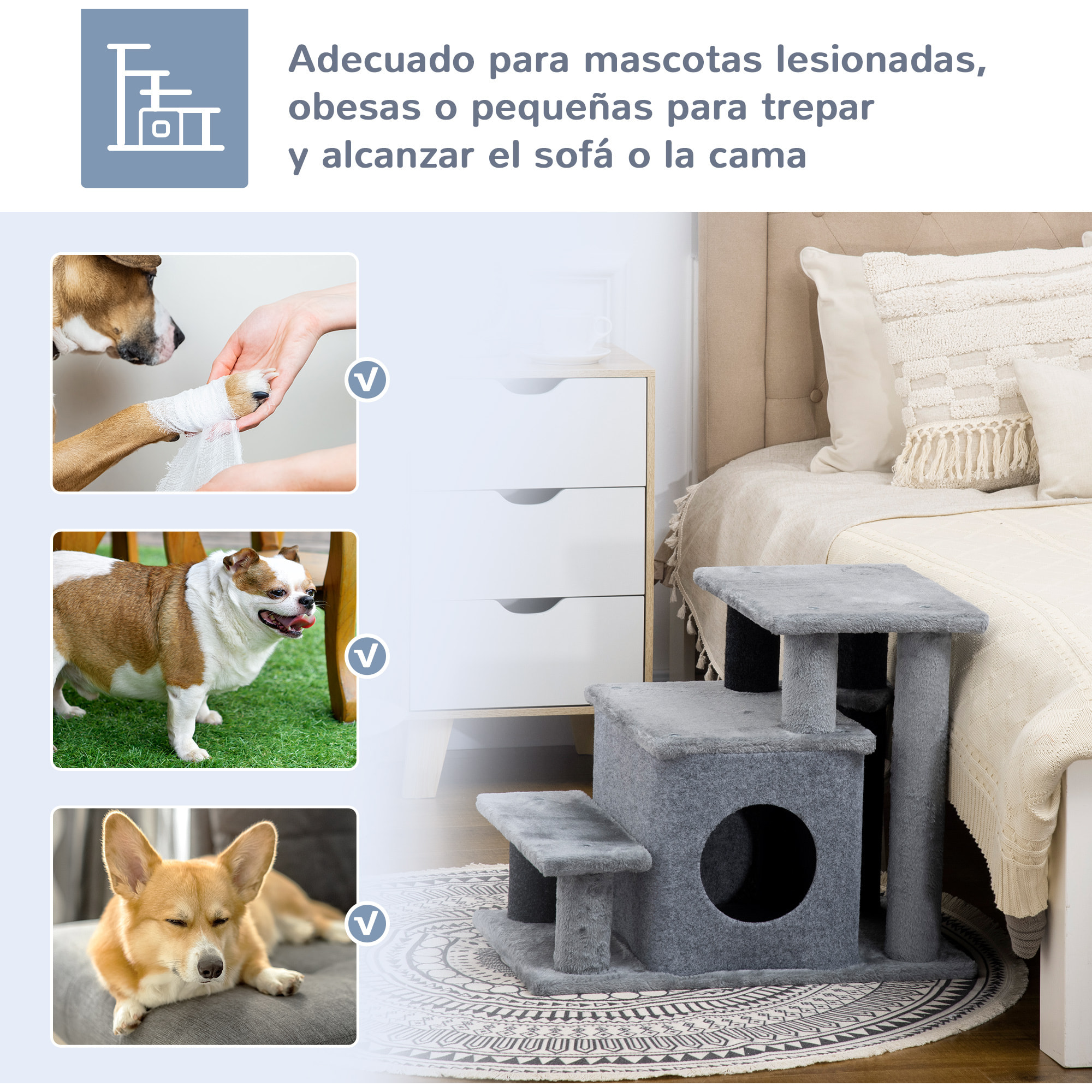 Escalera para Gatos de 4 Peldaños con Altura Ajustable Caseta Bola 60x40x66 cm