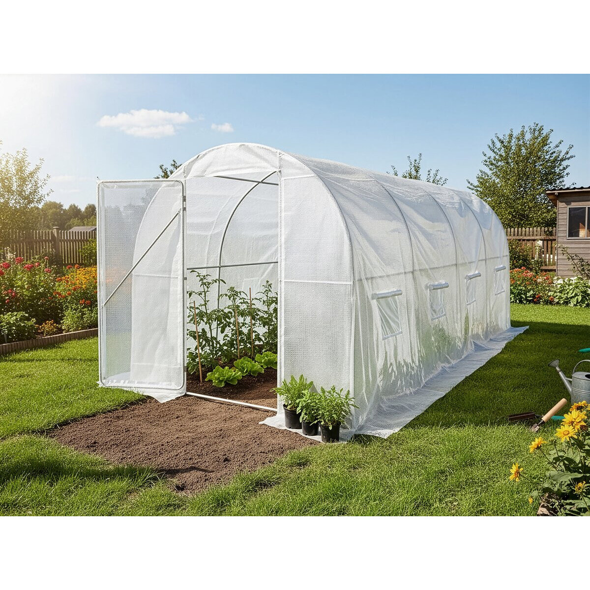Serre tunelle de jardin avec porte 4,5 x 2 m "Mimosa" - 9 m² - 180g - Blanc
