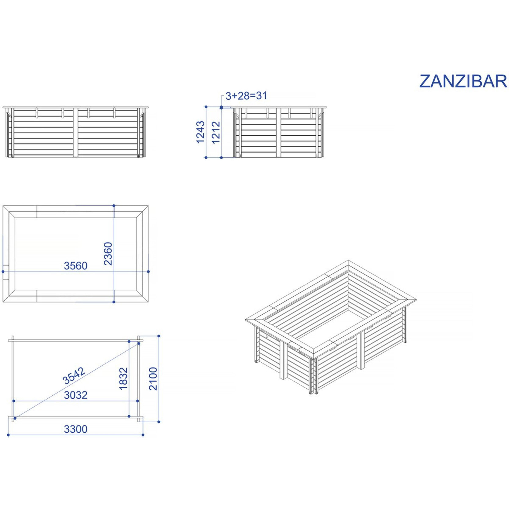 Piscine bois rectangle " Zanzibar "- 3,50 x 2,30 x 1,24  m