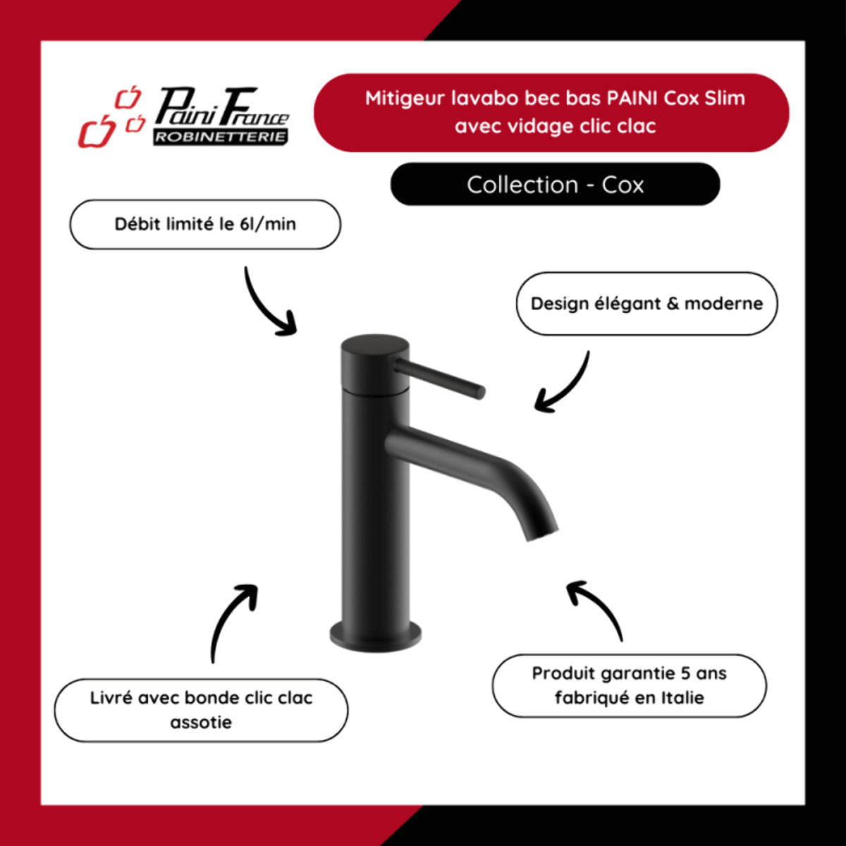 Mitigeur lavabo bec bas PAINI Cox Slim avec vidage clic clac