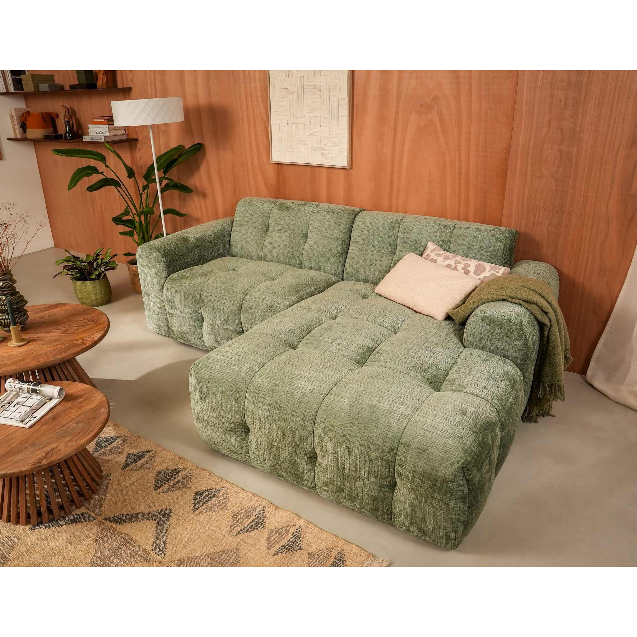 Diane - Canapé d'angle droit 4 places en velours texturé - Vert sauge